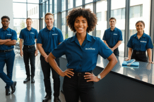 About Auxilium Enterprises diverse professional cleaning team in uniforms standing in modern commercial building”